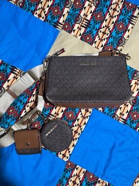 Michael Kors Brown and Tan Signature Logo Crossbody Trio with Beige Strap